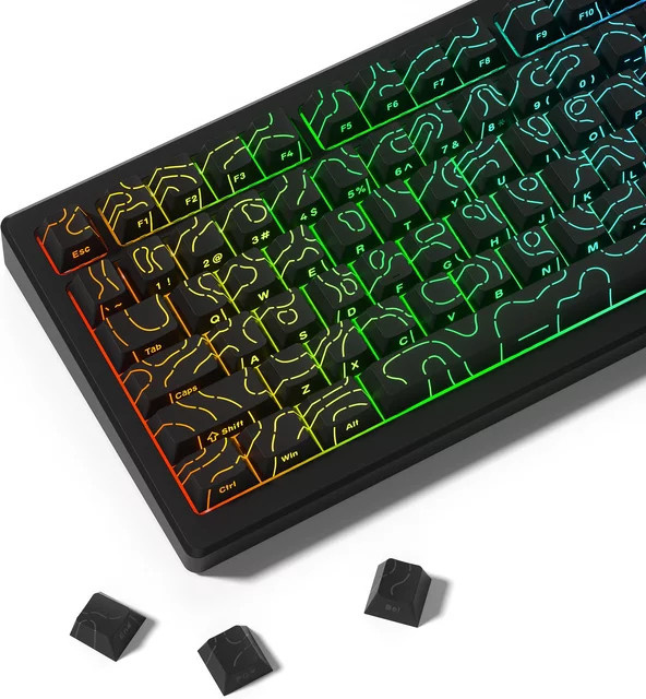 Topografische PBT Tastenkappen für mechanische MX Gamer-Tastaturen, 134 Tasten, Double Shot Side Print, Schwarz/Weiß - Bild 1