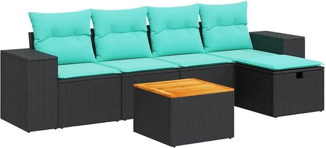 vidaXL 6-teilige Garten-Sofagarnitur in L-Form aus Poly-Rattan mit Kissen und Ottoman in Schwarz - Bild 1