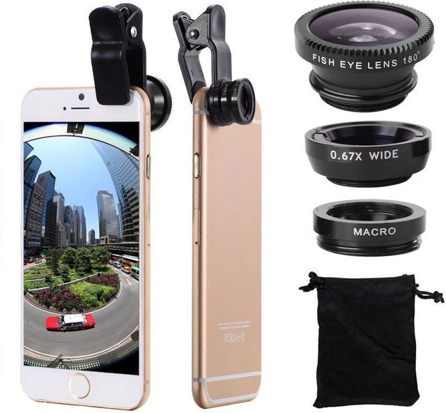 Abay 3-in-1 Kamera-Kit für Smartphones mit Weitwinkel-, Zoom- und Fischaugen-Makroobjektiv in Schwarz und Silber - Bild 1