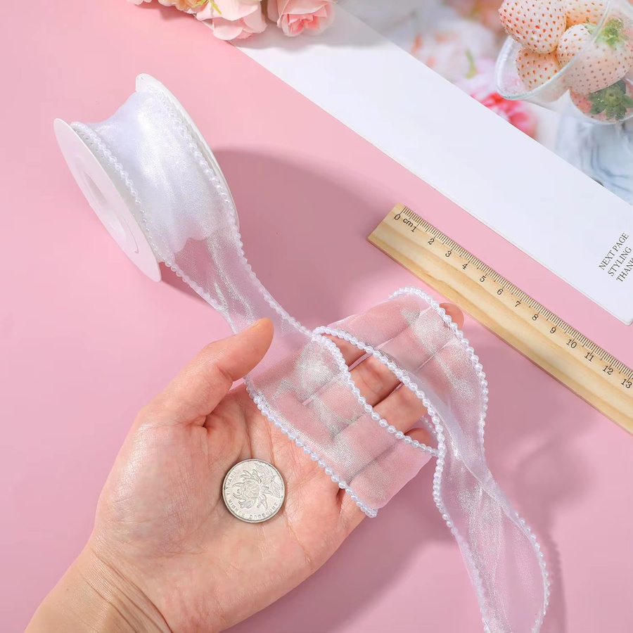 Transparentes Organzaband mit Perlenrand in Weiß, Breite: 4 cm, Länge: 4,5 m - Bild 5