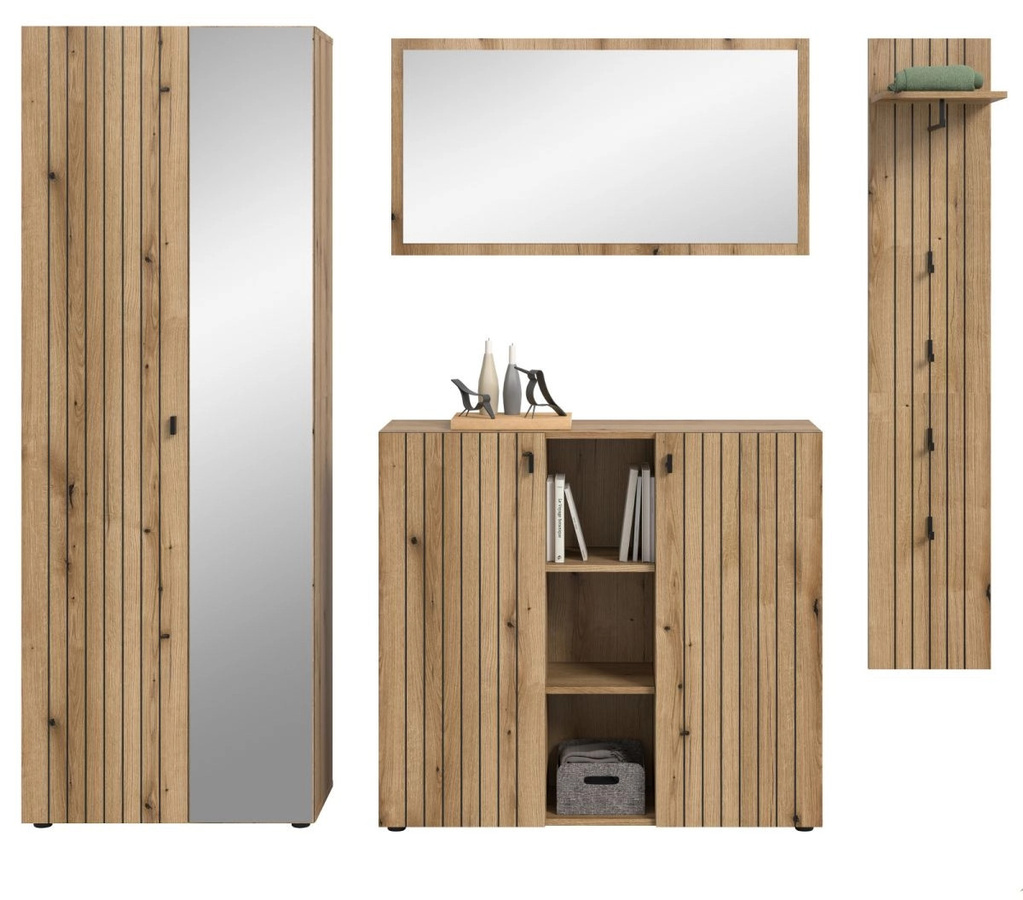 Garderobe Set Loreno 4-tlg. von Inn.Furn in Eiche, modern mit Schuhschrank, Spiegel, Bank und Wandpaneel, Höhe: 192 cm, Breite: 237 cm, Tiefe: 37 cm - Bild 2