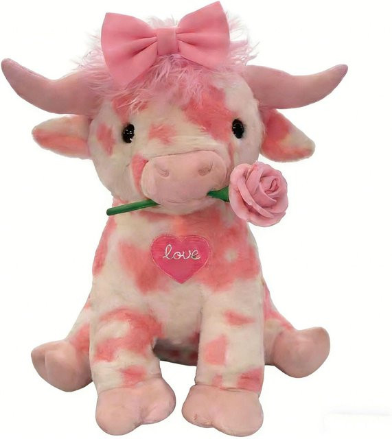 Yiran toy Rosa Hochlandkuh Plüschtier, Kuscheltier mit Schleife & Blume - Bild 1
