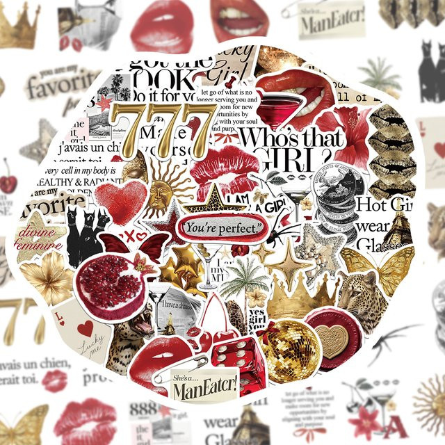 50 Stück Retro Y2K Aufkleber Set in Gold und Rot mit Motiven wie Lippen, Krone, Sonne und Blumen zur Dekoration von Telefonhüllen und Tassen - Bild 1