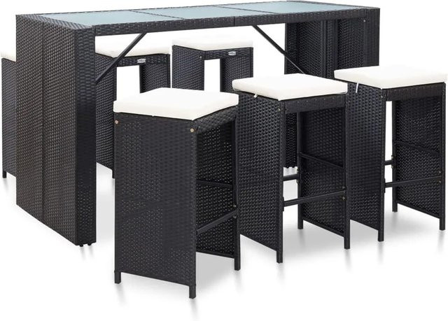 vidaXL 7-tlg Gartenbar-Set aus Poly Rattan in Schwarz mit Auflagen und Hartglas-Tischplatte - Bild 1