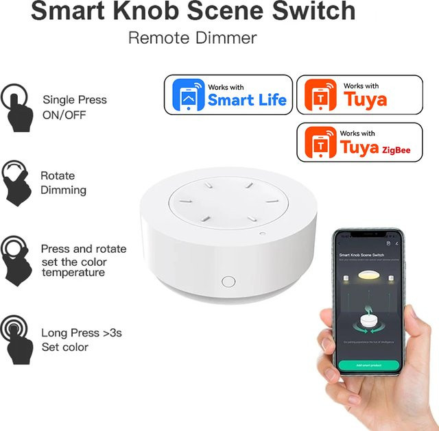 Tuya Smart Knob Scene Switch Weiß – Drahtloser ZigBee Schalter für Tuya, Smart Life, Alexa und App-Steuerung von Licht, Vorhängen und Schaltern - Bild 1