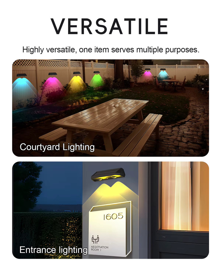 2 Stück Solar-Zaunleuchten in Schwarz mit mehrfarbiger RGB-Beleuchtung, IP67 wasserdichte Gartenwandleuchten für Terrasse und Garten - Bild 2
