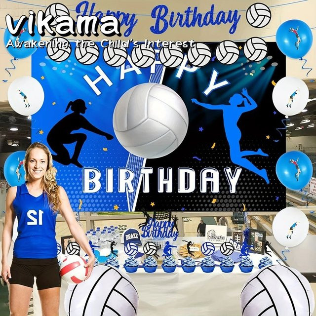 VIKAMA Wandteppich für Volleyball-Geburtstagspartys, sportliche blaue Wanddekoration für Kindergeburtstage, B/H: 73 x 73 cm - Bild 1