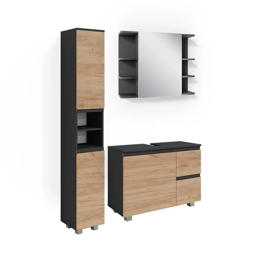 Vicco Badmöbelset J-Shape in Anthrazit und Eiche, modernes 3-teiliges Badezimmer-Set mit Hochschrank, Spiegelschrank und Waschtischunterschrank - Bild 3