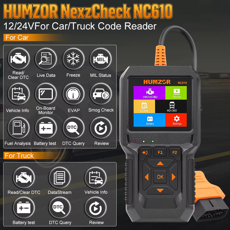 HUMZOR NC610 OBD2 Scanner Auto Diagnose Werkzeug für 12V 24V PKW und Lkw in Schwarz - Bild 3