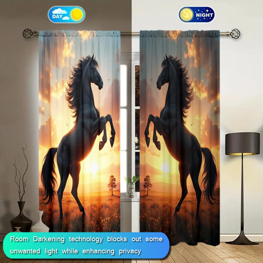 2er-Set halbtransparente Vorhänge mit Ross-Motiv bei Sonnenuntergang von Household supplies MH, Farbe: Braun/Mehrfarbig, Breite: 52,5 cm, Höhe: 116 cm - Bild 3