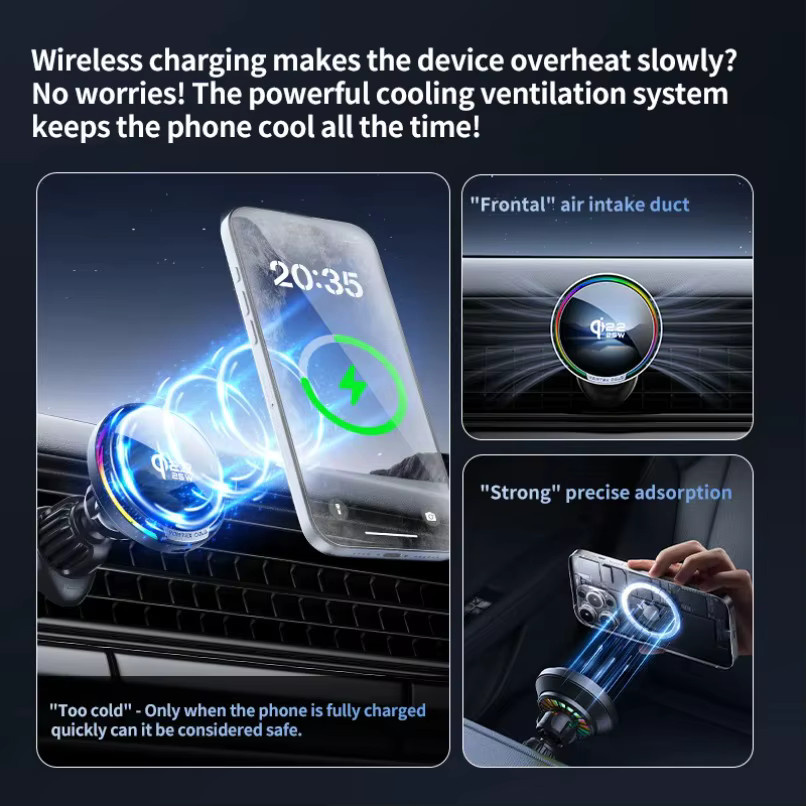 VIKEFON 25W Qi2.2 Magnetisches Kabelloses Autoladegerät mit RGB Lüftungsschlitz-Handyhalterung für MagSafe, iPhone und Android in Schwarz - Bild 6