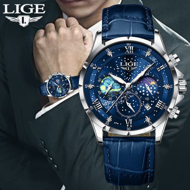 LIGE Armbanduhr Chronograph, Quarz, Blau, Leder, Herren - Bild 1