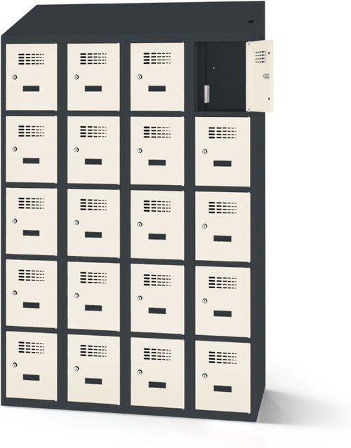 rotstahl Fächerschrank mit Ladefunktion und 20 Fächern in Weiß mit anthrazitgrauem Korpus, B: 120 cm, H: 200 cm - Bild 1
