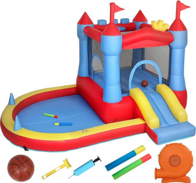 AIYAPLAY Hüpfburg mit Gebläse, Aufblasbar, mit Rutsche, Trampolin, Planschbecken, Bällebad, Basketballkorb, Wasserpistole, für 3-8 Jahre - Bild 1