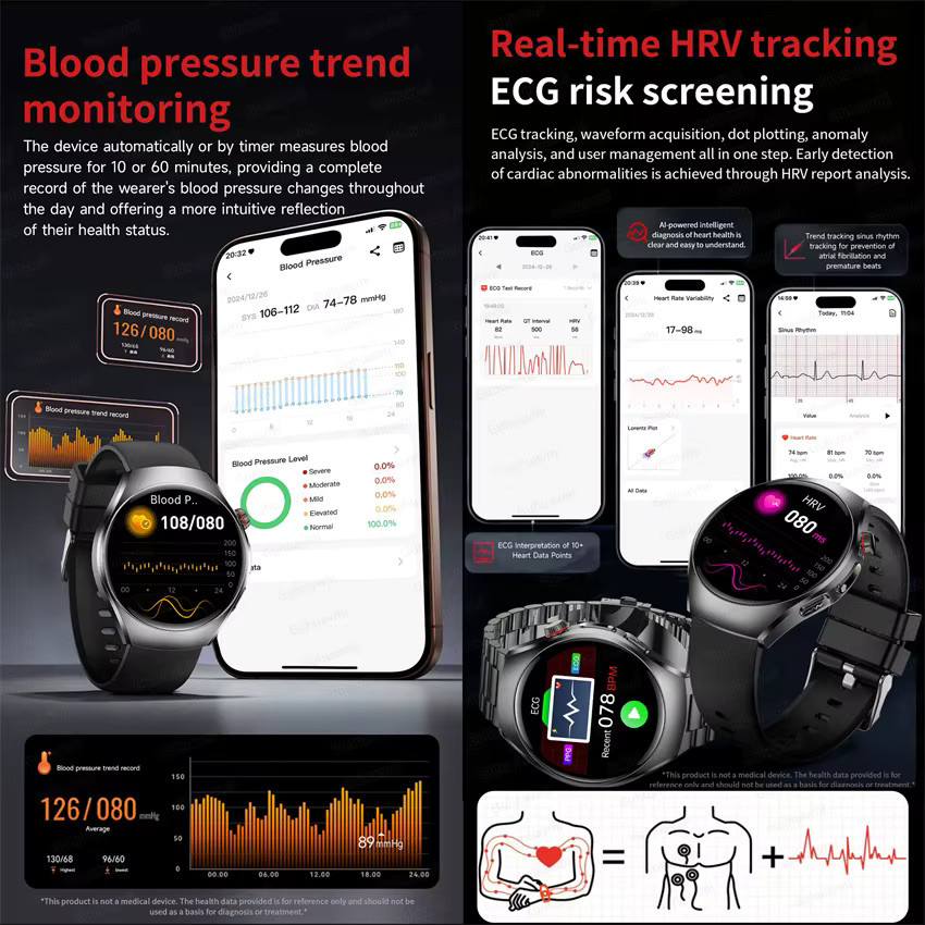 GUHUAVMI Smartwatch mit AMOLED Display, EKG und SpO2 Messung, Rot/Schwarz - Bild 3