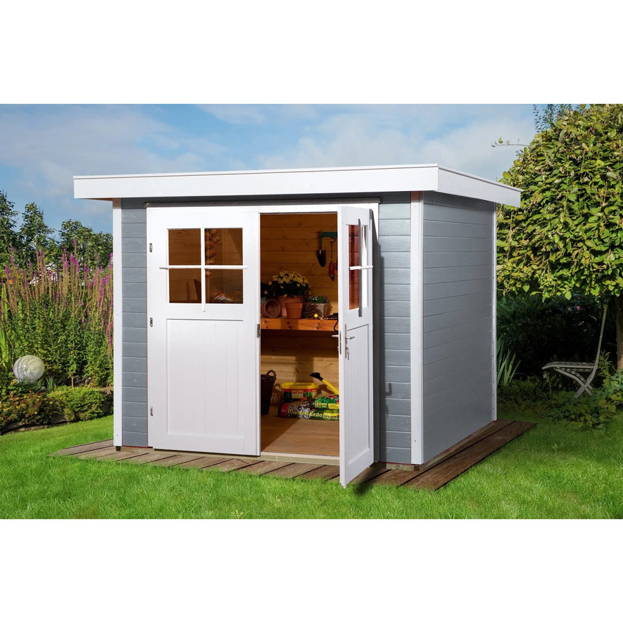 WEKA Gartenhaus 227 Gr.2 aus Massivholz in Grau mit Flachdach und Vordach, B/H/T: 257 x 217 x 239 cm - Bild 2