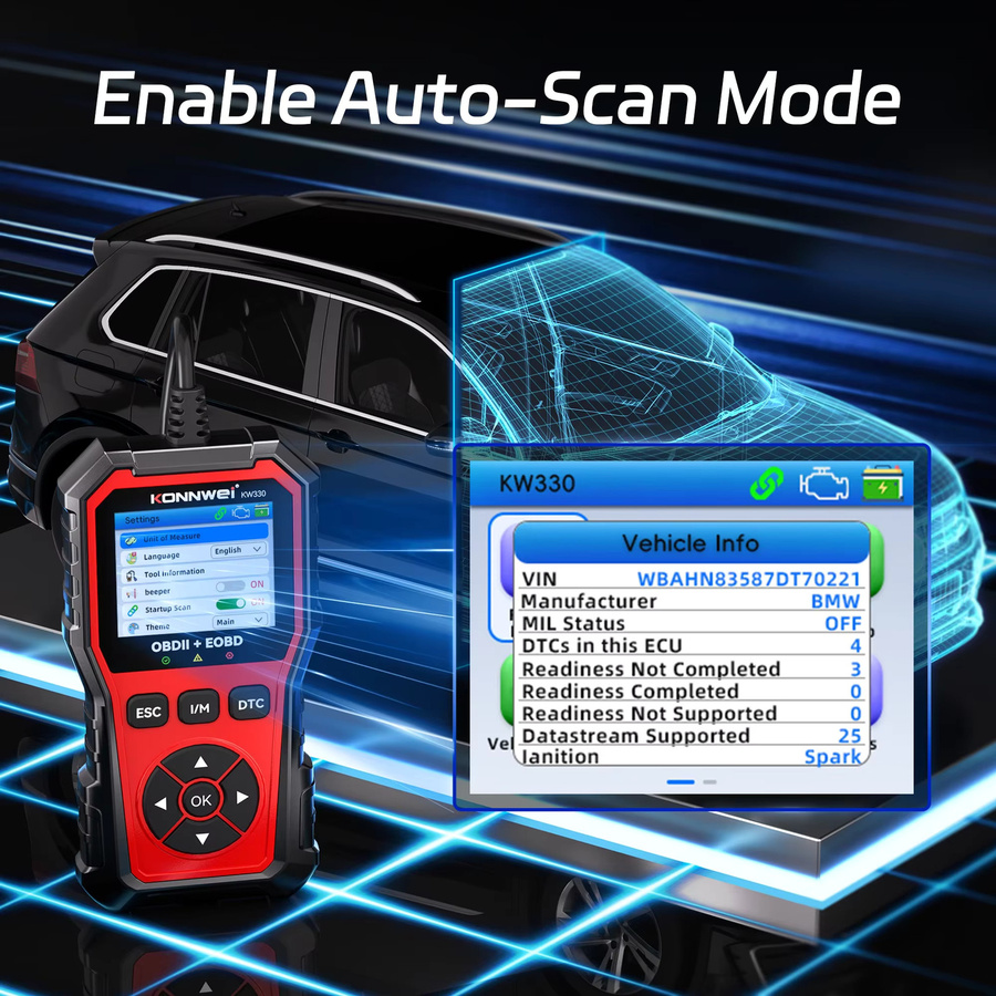 KONNWEi KW330 Auto OBD2 Diagnosegerät mit Fehlercode-Leser, Fahrzeugüberwachung und Sensortest sowie O2 Scan-Tool - Bild 2