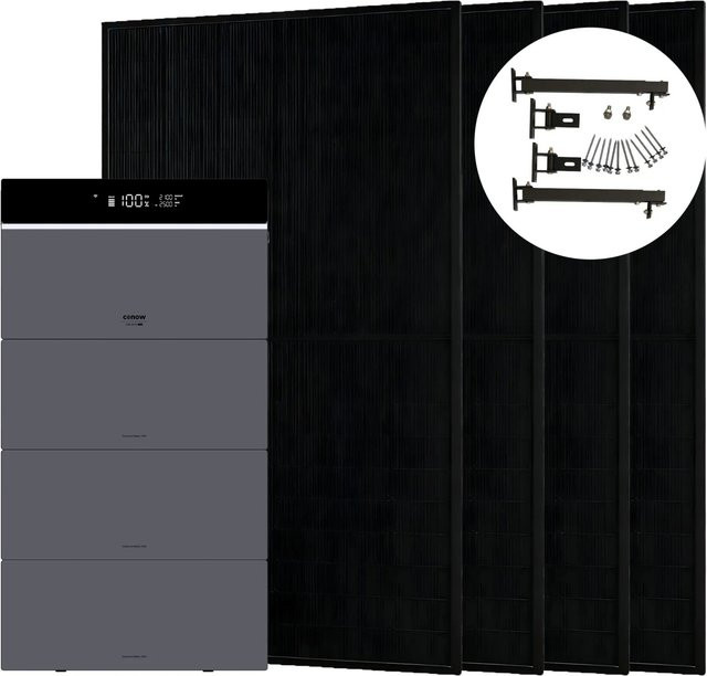 Conow CBE2000 Pro Balkonkraftwerk 1820W mit Flachdach-Halterung und 3 CBE2000 Erweiterungsakkus in Schwarz und Grau - Bild 1
