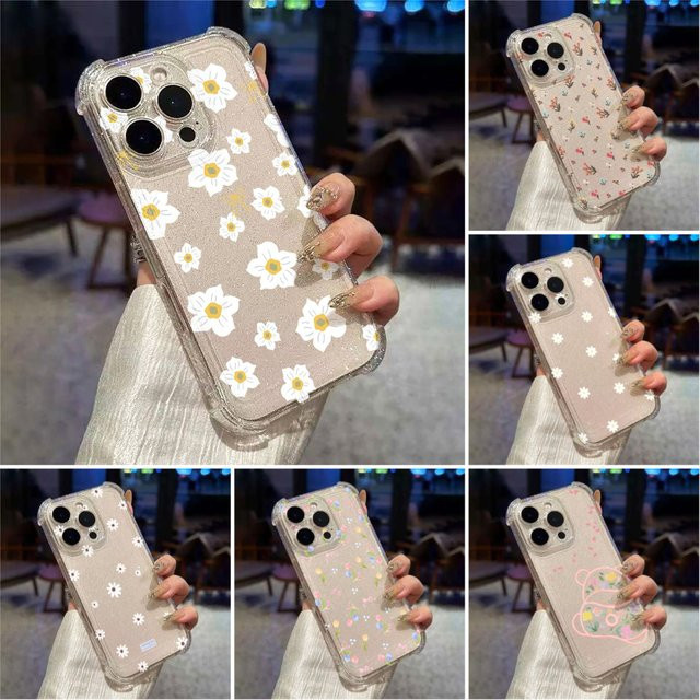 Transparente Silikon-Handyhülle mit Blumenmuster und Glitzer-Effekt für Apple iPhone 17, 16, 15, 14, 13, 12, 11 Pro Max, stoßfestes Softcover - Bild 1