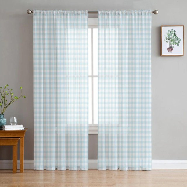 Gelbe karierte transparente Voile-Fenstervorhänge von A Family Of Home Textiles, Set aus 2 Stück, Breite: 135 cm, Höhe: 160 cm - Bild 1