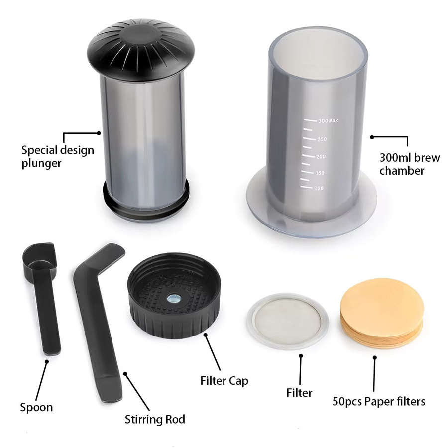 AeroPress Kaffeemaschine Set mit Mühle und Filterpapier für Espresso und Café, 300 ml - Bild 3