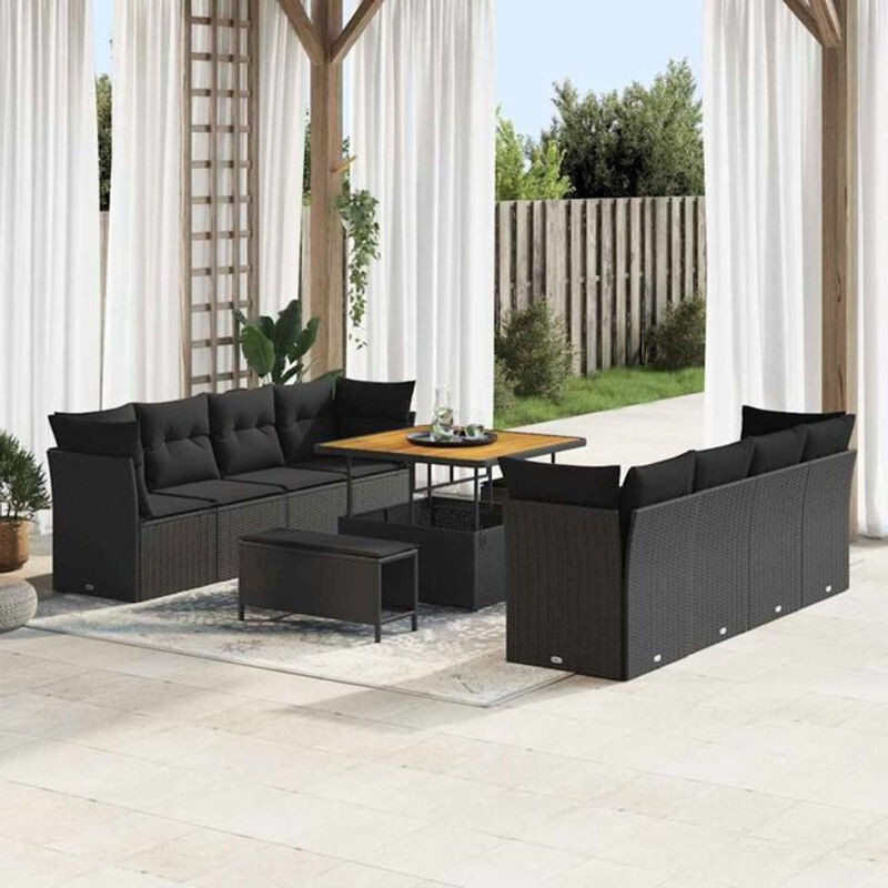 vidaxl Garten-Sofa-Set aus Poly-Rattan und Massivholz, 11-teilig, Schwarz, Modernes Design - Bild 1