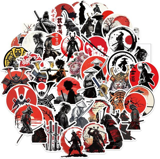 50 Stück Japanische Samurai Bushido Aufkleber von Binchi Outdoor Product, wasserfeste DIY Sticker in Multicolour für Laptop, Handy oder Helm - Bild 1