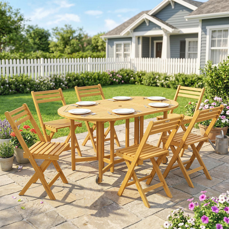 Outsunny Gartenmöbel Set aus FSC Akazienholz in Braun mit ausziehbarem Esstisch und 6 Klappstühlen inklusive Schirmloch - Bild 2