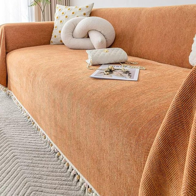 Modernes Chenille Sofa-Überwurfdecke mit Fischgrätmuster in Orange, B/B: 180 x 130 cm - Bild 1