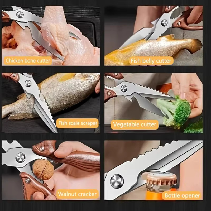 WXCOO Multifunktionale Küchenschere aus Edelstahl mit Akazienholzgriff in Braun zum Schneiden von Fleisch und Fisch - Bild 4