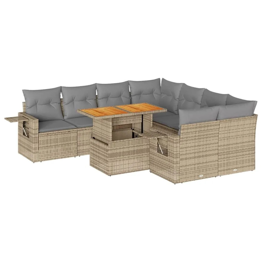 vidaXL 9-teilige Garten-Sofagarnitur in L-Form aus Poly-Rattan und Akazienholz mit Kissen in Beige-Grau - Bild 2