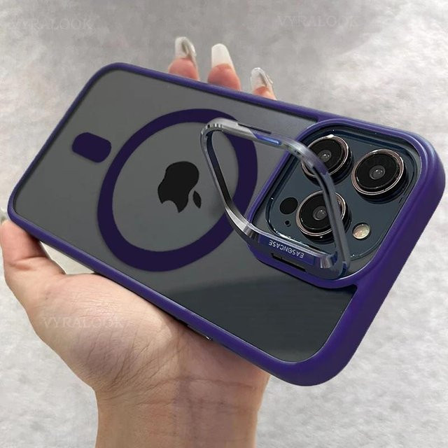 Magnetische Magsafe Handyhülle mit Metallhalter und Linsenschutz für Apple iPhone, Transparent/Purple - Bild 1