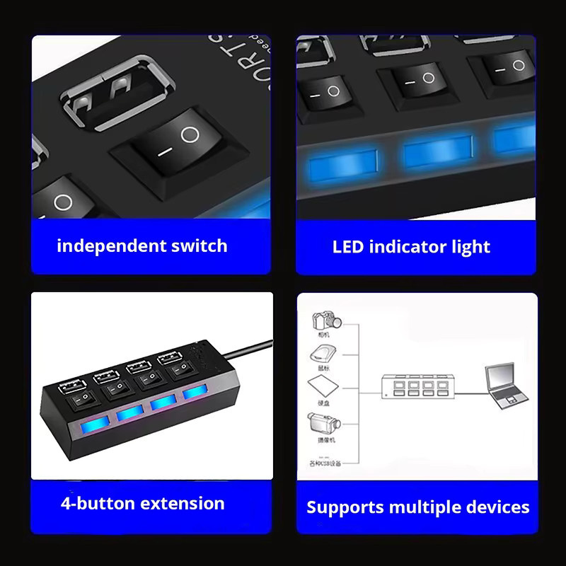 VORILYNEX 4-in-1 USB 2.0 Hub mit 4 Ports und LED-Anzeige, USB-Verteiler mit Ein/Aus-Schalter in Schwarz - Bild 5