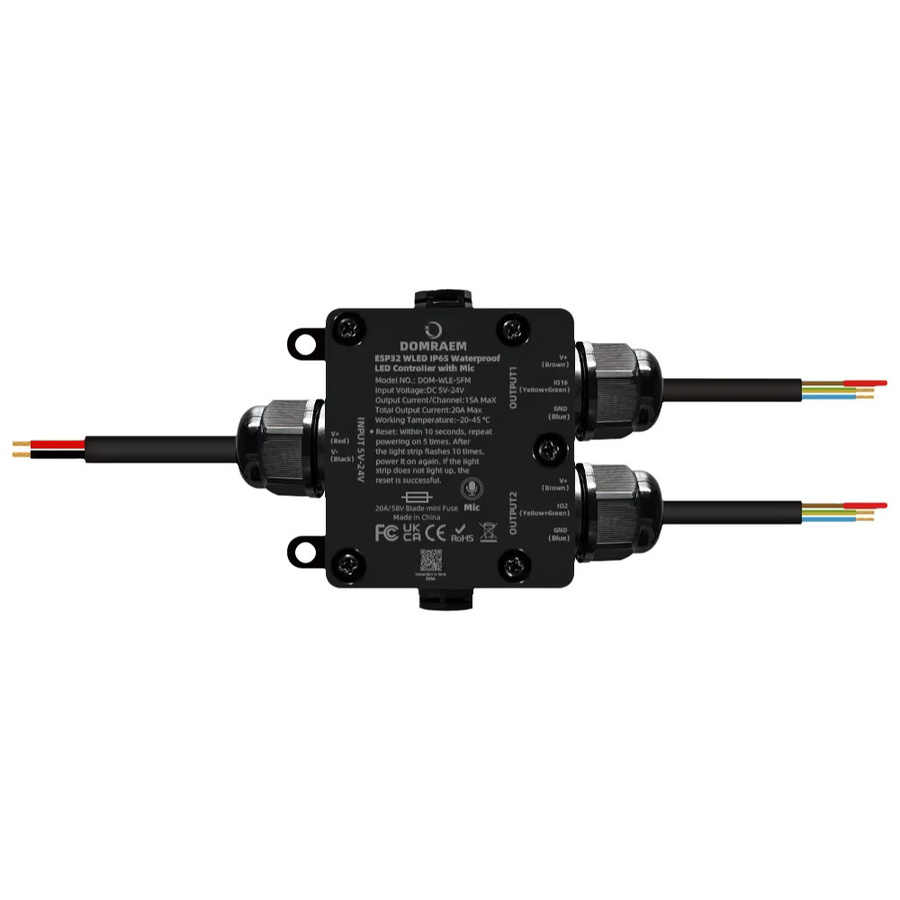 DOMRAEM ESP32 WLED adressierbarer 2-Kanal-LED-Controller in Schwarz mit integriertem Relais, Mikrofon für Musik-Synchronisierung und Alexa-Unterstützung, IP65 wasserdicht, kompatibel mit WS281X und SK6812 - Bild 3