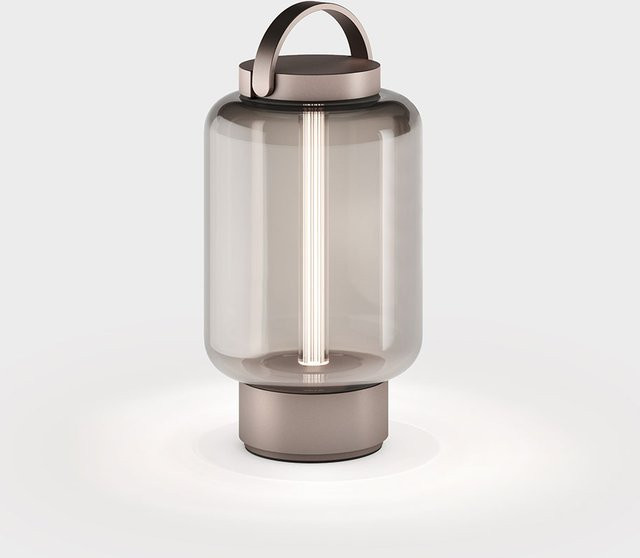IP44 Qu LED-Tischleuchte mit Akku in Bronze und Amber-Glas, dimmbar, warmweiß (2700K) - Bild 1