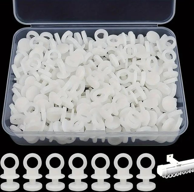 100 Stück Vorhang-Gleitrollen aus Kunststoff für Vorhangschienen in Weiß und Transparent inklusive Aufbewahrungsbox - Bild 1
