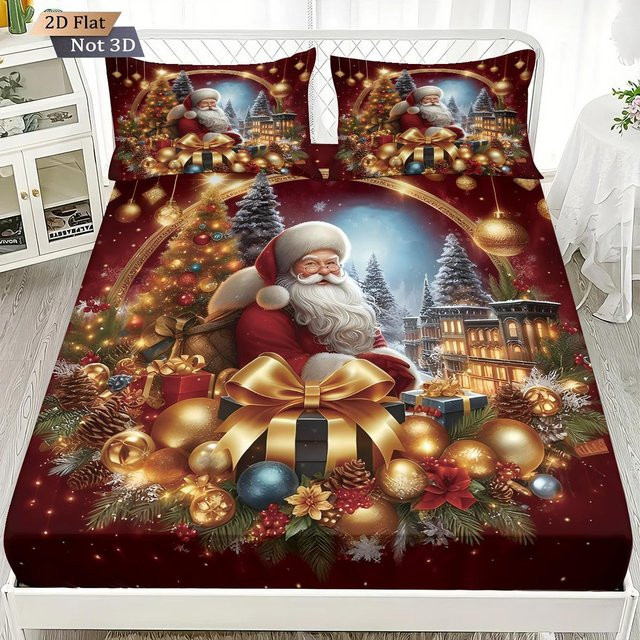 3-teiliges Weihnachtsmann Bettwäsche-Set mit Weihnachtsmann-Druck in Rot, B/T: 90 x 200 cm - Bild 1