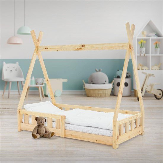 ML-Design Kinderbett Tipi aus Kiefernholz mit Rausfallschutz und Lattenrost, Farbe: Braun, B/T/H: 70 x 140 x 141 cm - Bild 1