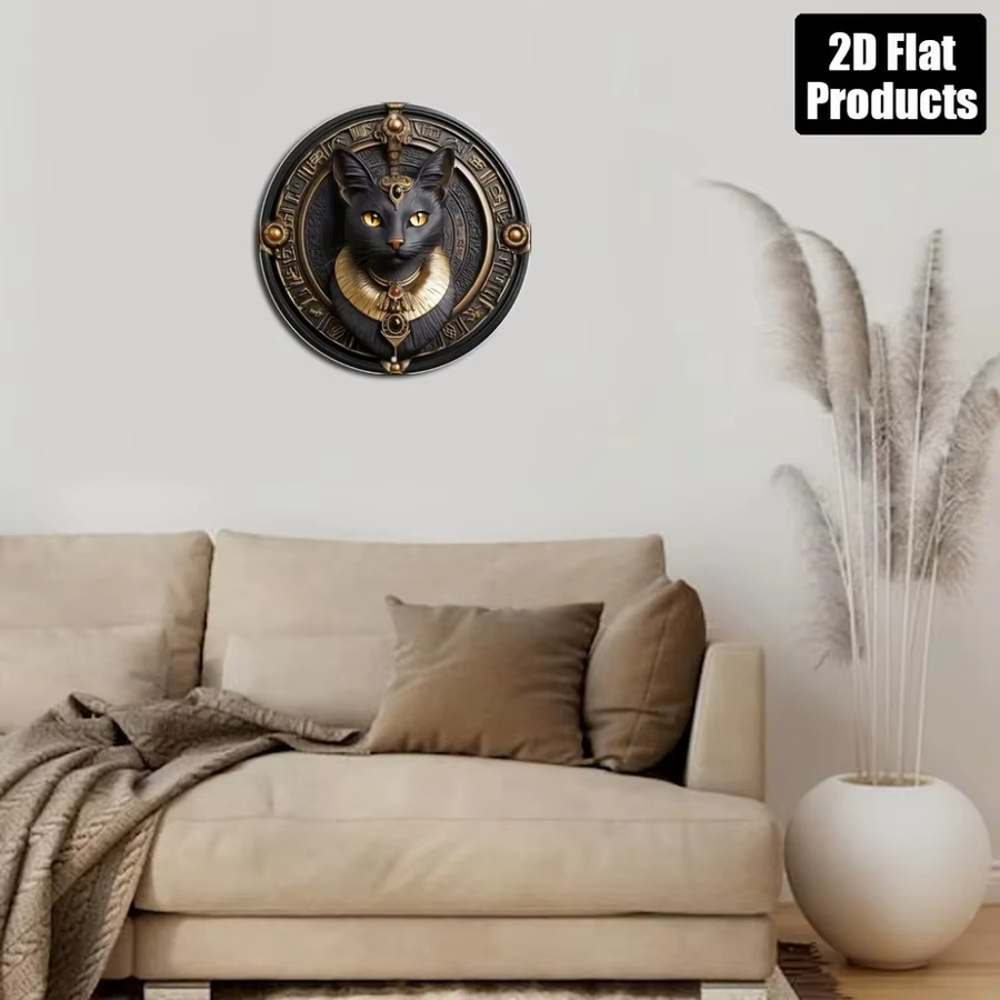 CIFBUY Vintage Ägyptische Schwarze Katze Wandkunst aus Metall, Rundes Aluminium-Schild in Schwarz und Gold mit Sphinx-Motiv - Bild 4