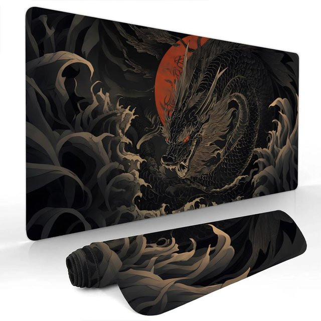 Melisa Gaming-Mauspad Ukiyoe-Stil Schwarzer Drache, rutschfeste Schreibtischmatte mit HD-Druck und genähtem Rand, Farbe: Schwarz, B/T/H: 80 x 30 x 0,2 cm - Bild 1