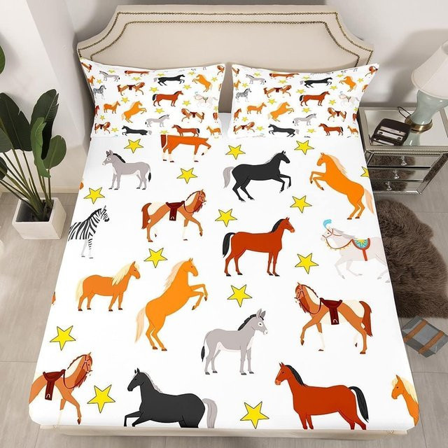 Binchi Fitness Spannbettlaken mit Kissenbezügen mit Pferdemotiv aus weicher Mikrofaser, Farbe: Weiß, B/T: 140 x 200 cm, Höhe: 30 cm - Bild 1