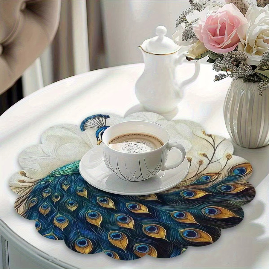 VIKAMA 4er-Set Platzsets aus Leinen mit Pfauenfeder-Design in Blau Grün Gold, rund, Durchmesser: 38 cm - Bild 3