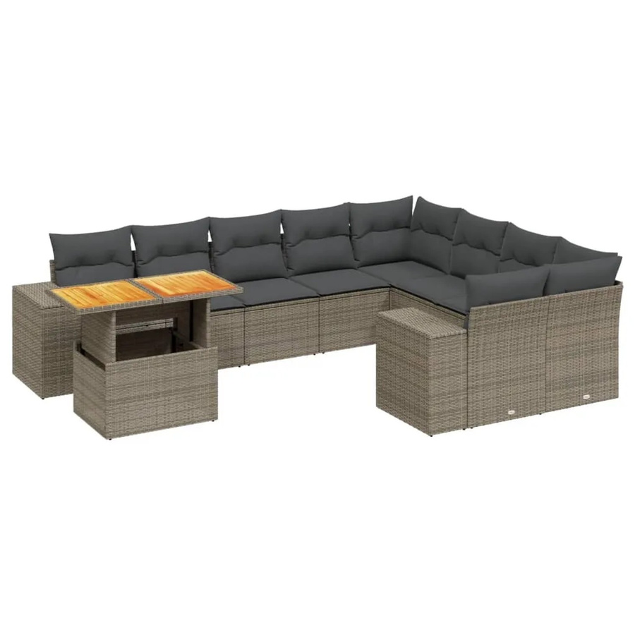 vidaXL 10-tlg. Garten-Sofagarnitur in L-Form aus Poly-Rattan und Akazienholz mit Kissen, Grau - Bild 2