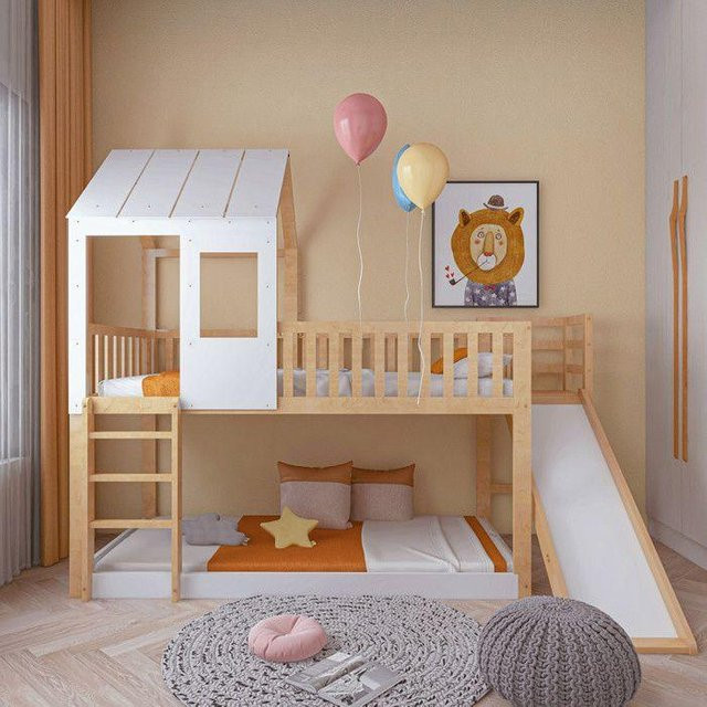 Etagenbett MUVOE für Kinder aus Massivholz mit Rutsche und Leiter in Weiß und Natur, B/T/H: 90 x 200 cm - Bild 1