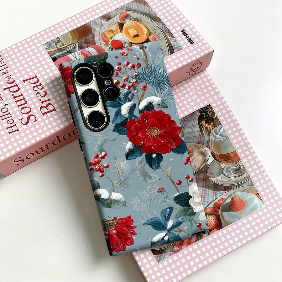 Stoßfeste Doppelschicht Handyhülle mit winterlichem Schnee-Blumen- und Vogel-Design für Samsung Galaxy S25 Ultra, S24 und S23 Ultra Plus, Multicolor - Bild 3