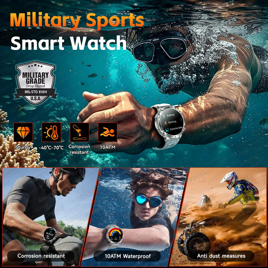 KAVSUMI Smartwatch für Herren mit AMOLED Display, GPS, Bluetooth-Anruffunktion und Taschenlampe, IP68 wasserdicht, 1400mAh Akku, Grau/Orange - Bild 3