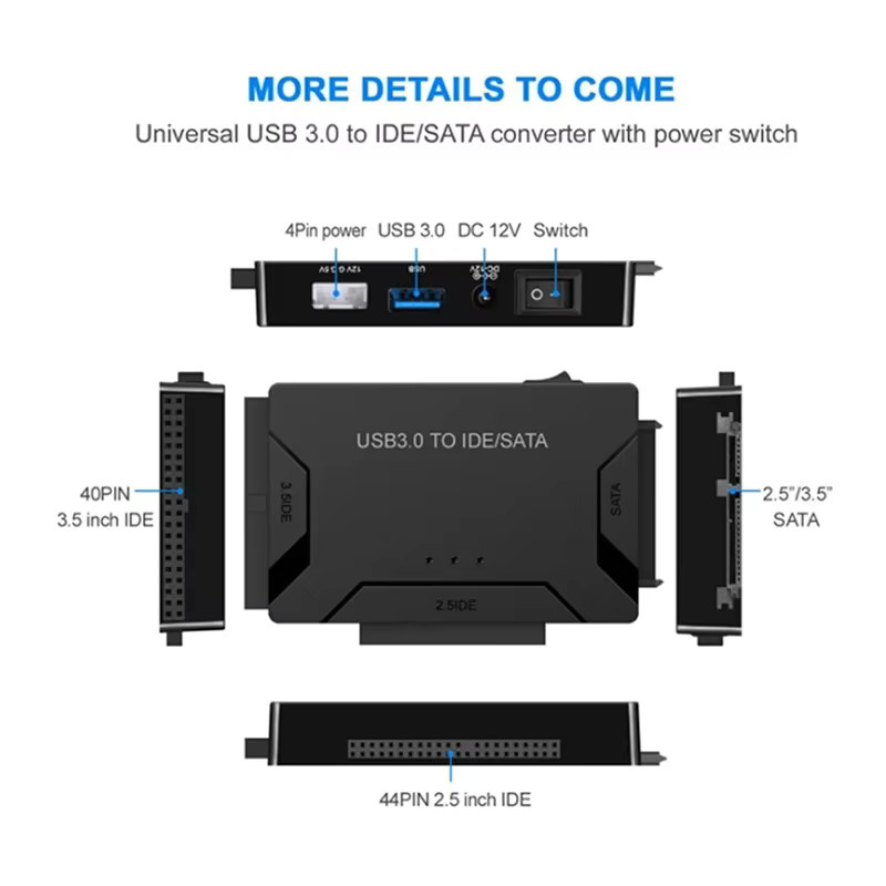 Congdi SATA/IDE zu USB 3.0 Adapter Konverter für 2,5 und 3,5 Zoll HDD SSD mit 12V 2A Netzteil in Schwarz - Bild 4