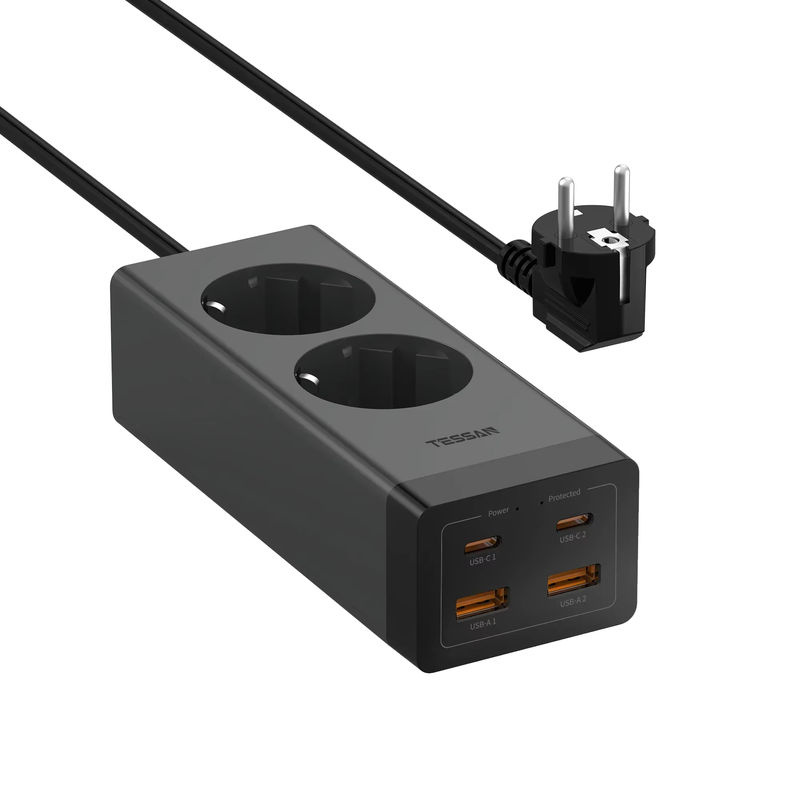 TESSAN Überspannungsschutz-Steckdosenleiste mit GaN 2-Wege-Steckeradapter, 4 USB-Schnellladefunktionen und 2m Kabel, Schwarz - Bild 7