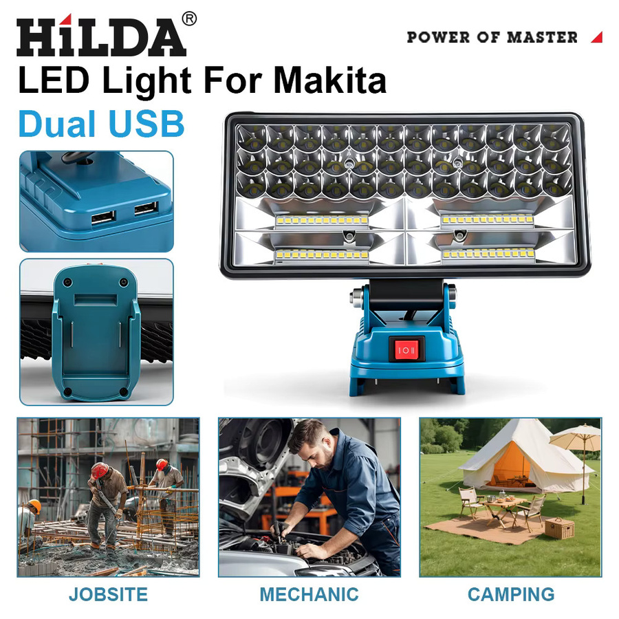 HILDA Kabellose LED-Arbeitsleuchte in Schwarz, verstellbare Taschenlampe und Campinglampe für Makita-Akkus - Bild 4
