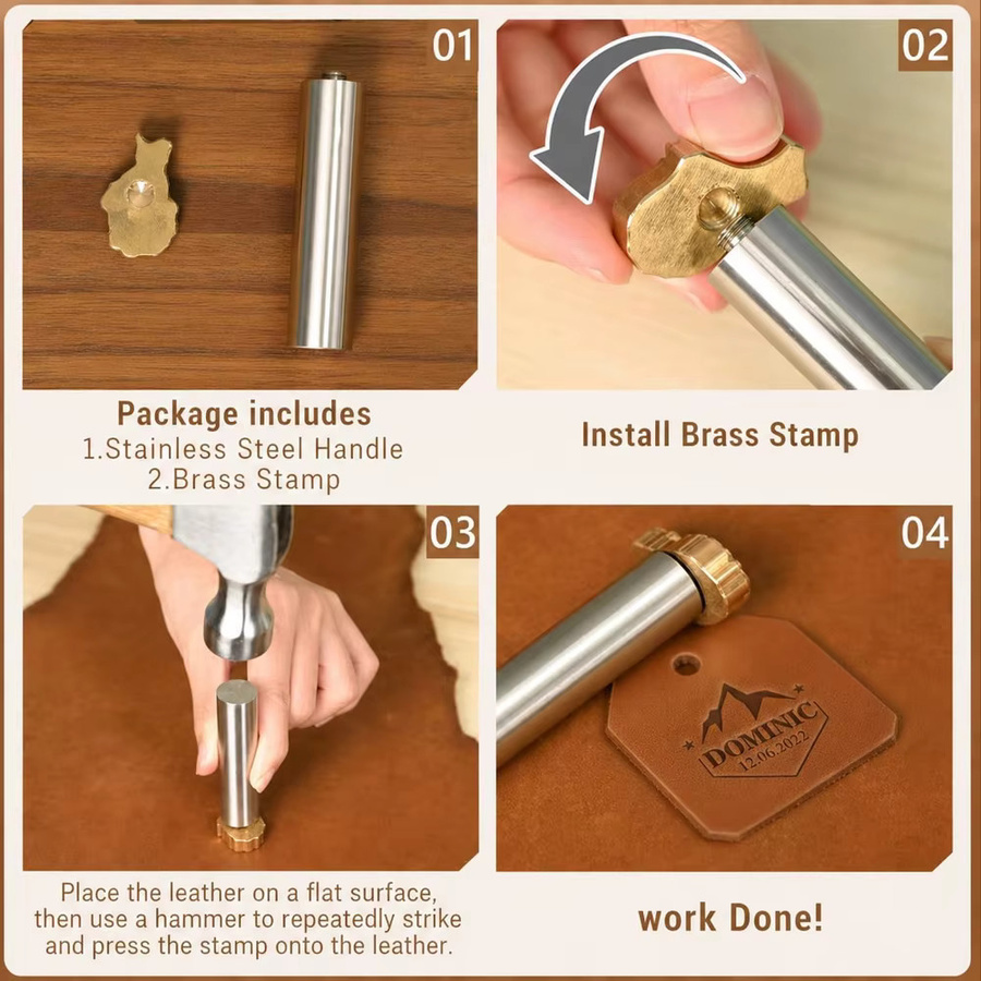 Personalisierter Lederstempel von QWELL mit Messingform in Gold für Text, Logo oder Design zur Markenprägung und zum Basteln - Bild 3